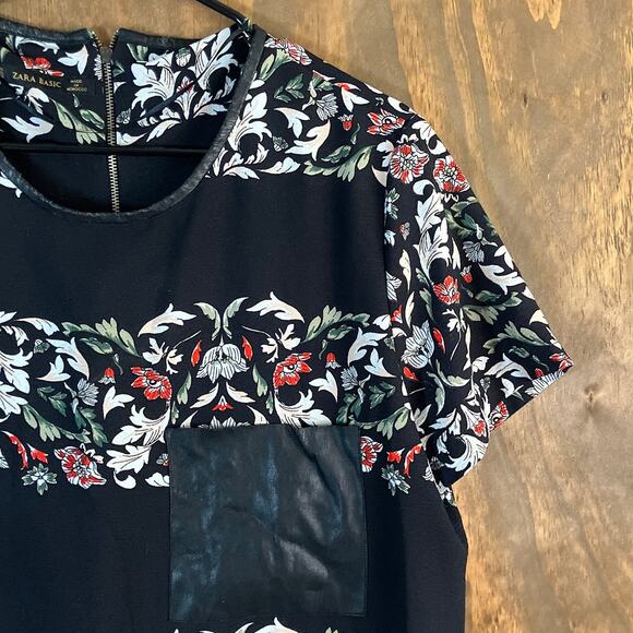 Zara Basic Womens Shirt Black Multi Floral Short Sleeve Zipper Back XLarge - Picture 5 of 11